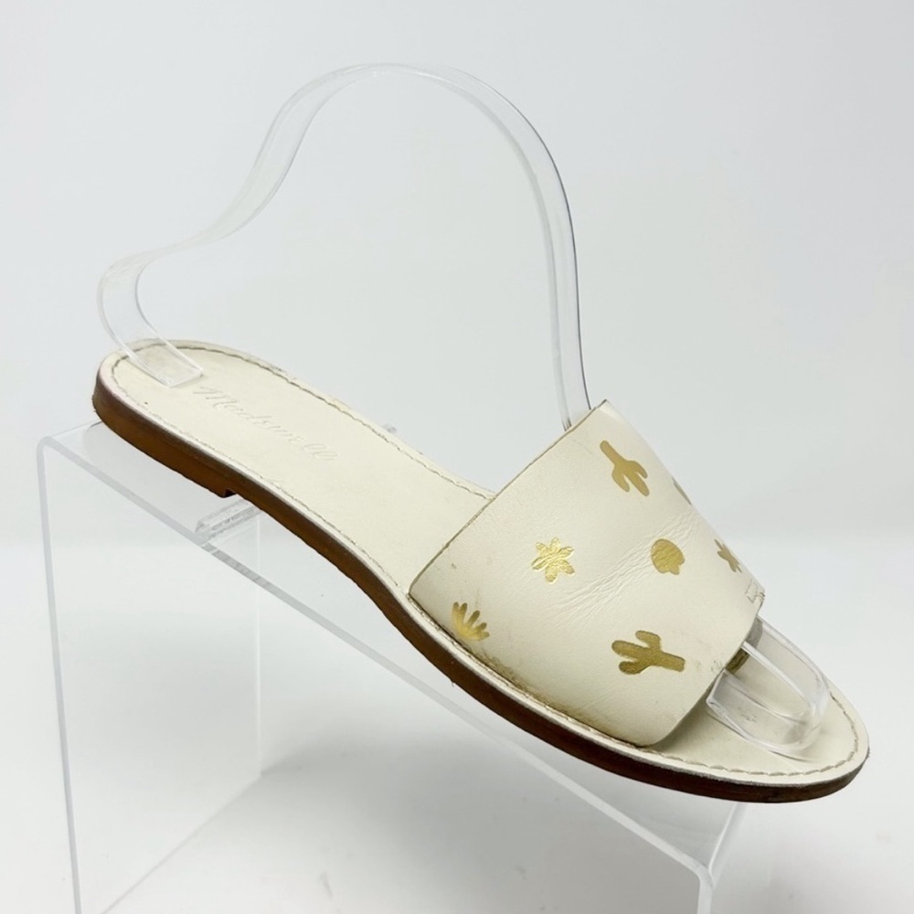 Madewell White Cream Leather Boardwalk Post Slide Sandals Cactus Design Size 7.5